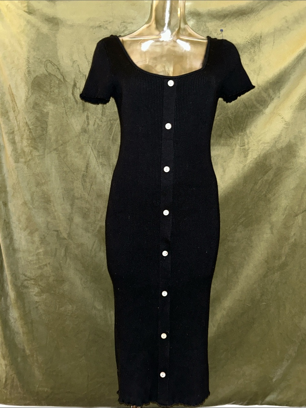 Hippie Rose Black Ribbed Button-Front Midi Dress